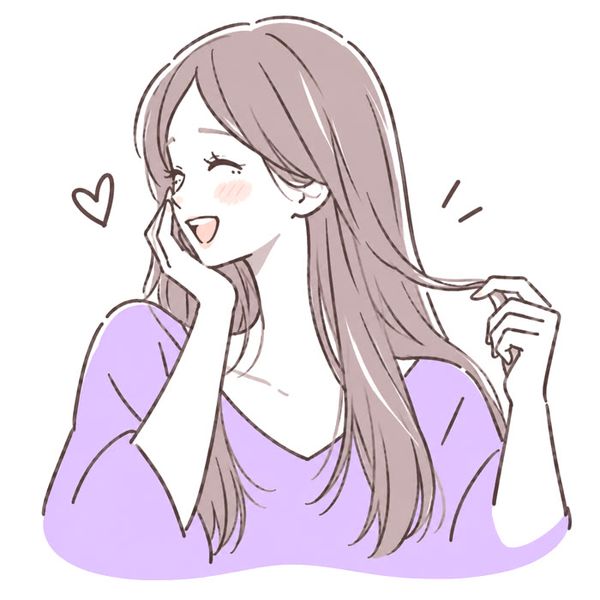 The same woman, happy, touching her soft straight hair